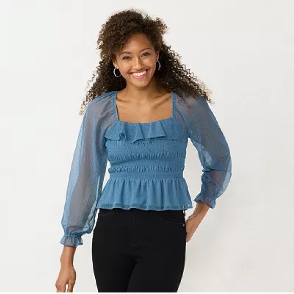 NWT Lauren Conrad Smocked Peplum-Hem Top in Rendez Blue